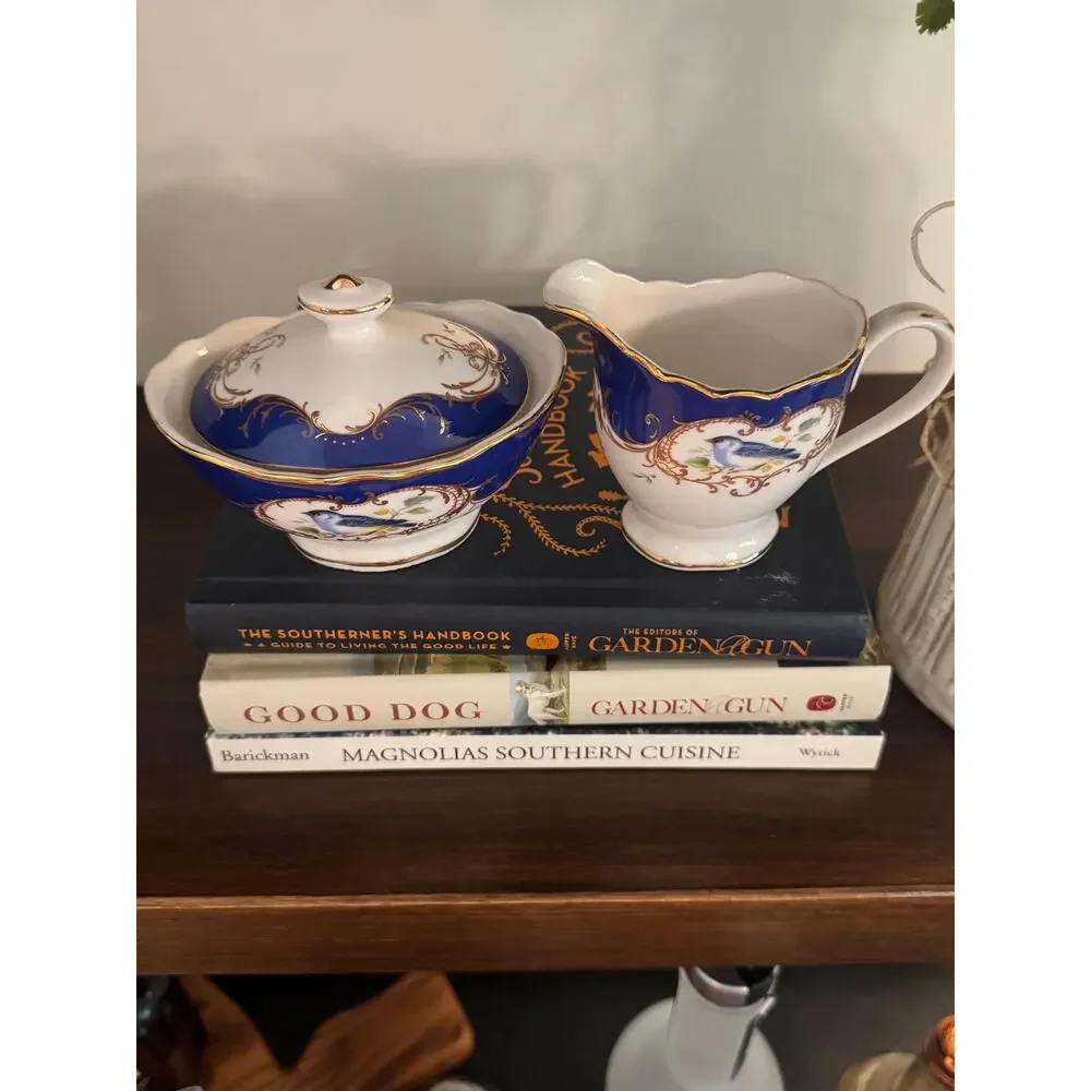 Grace Teaware Royal Blue Birds Porcelain Creamer Sugar Set (2)